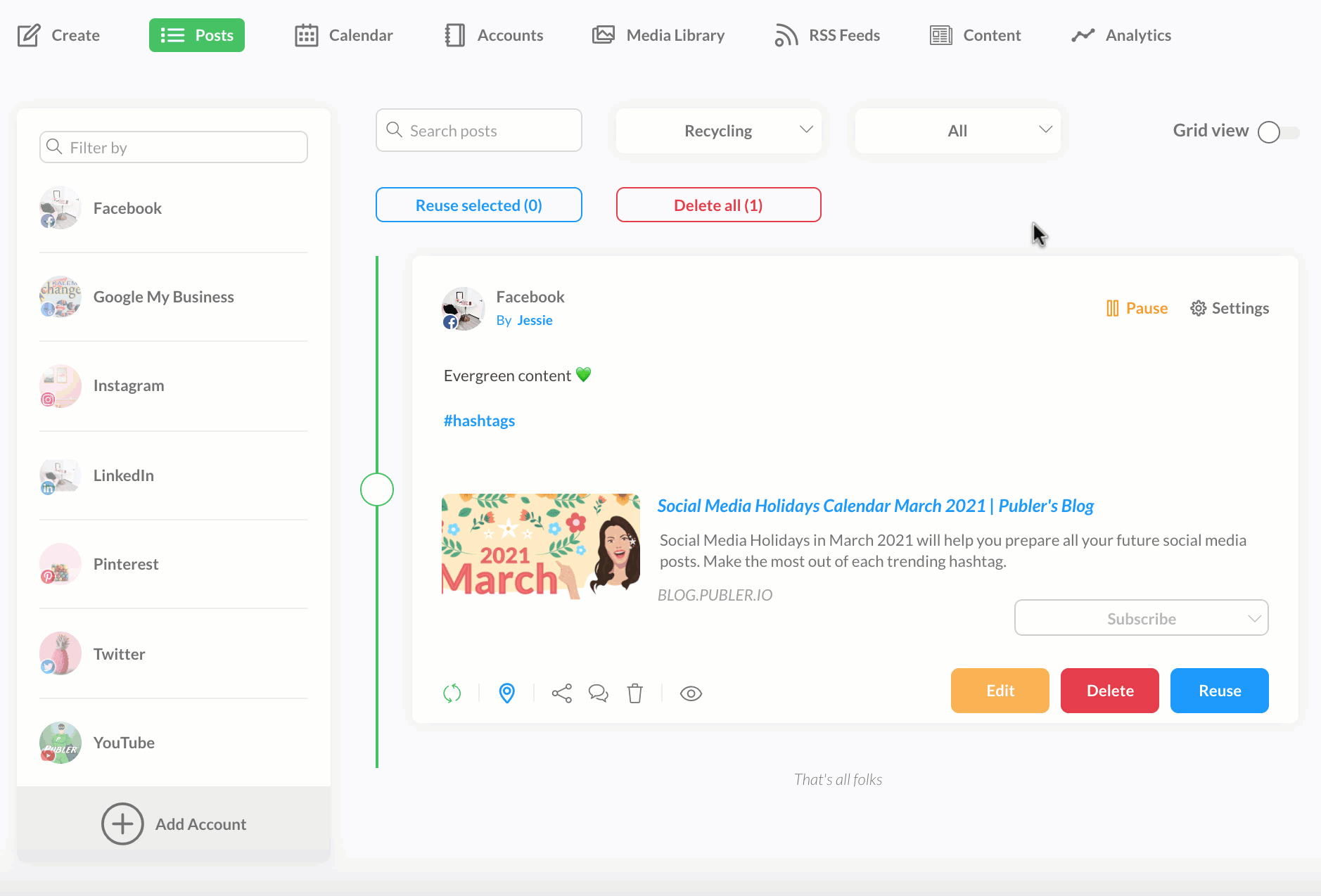 Predict all your evergreen content on the calendar with Publer